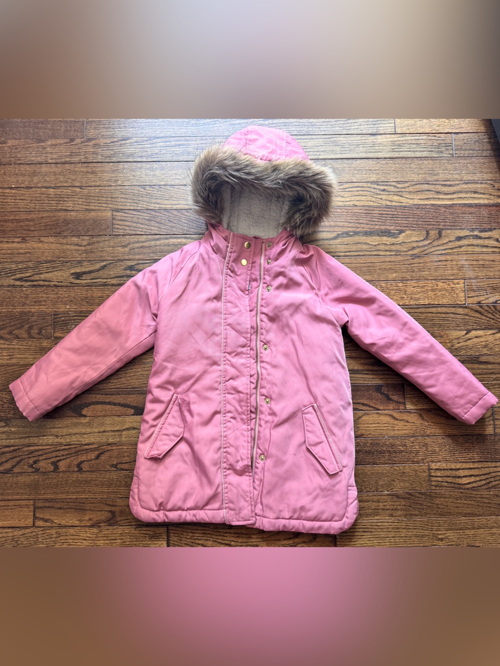 Pink Hooded Winter Coat with Faux Fur Trim